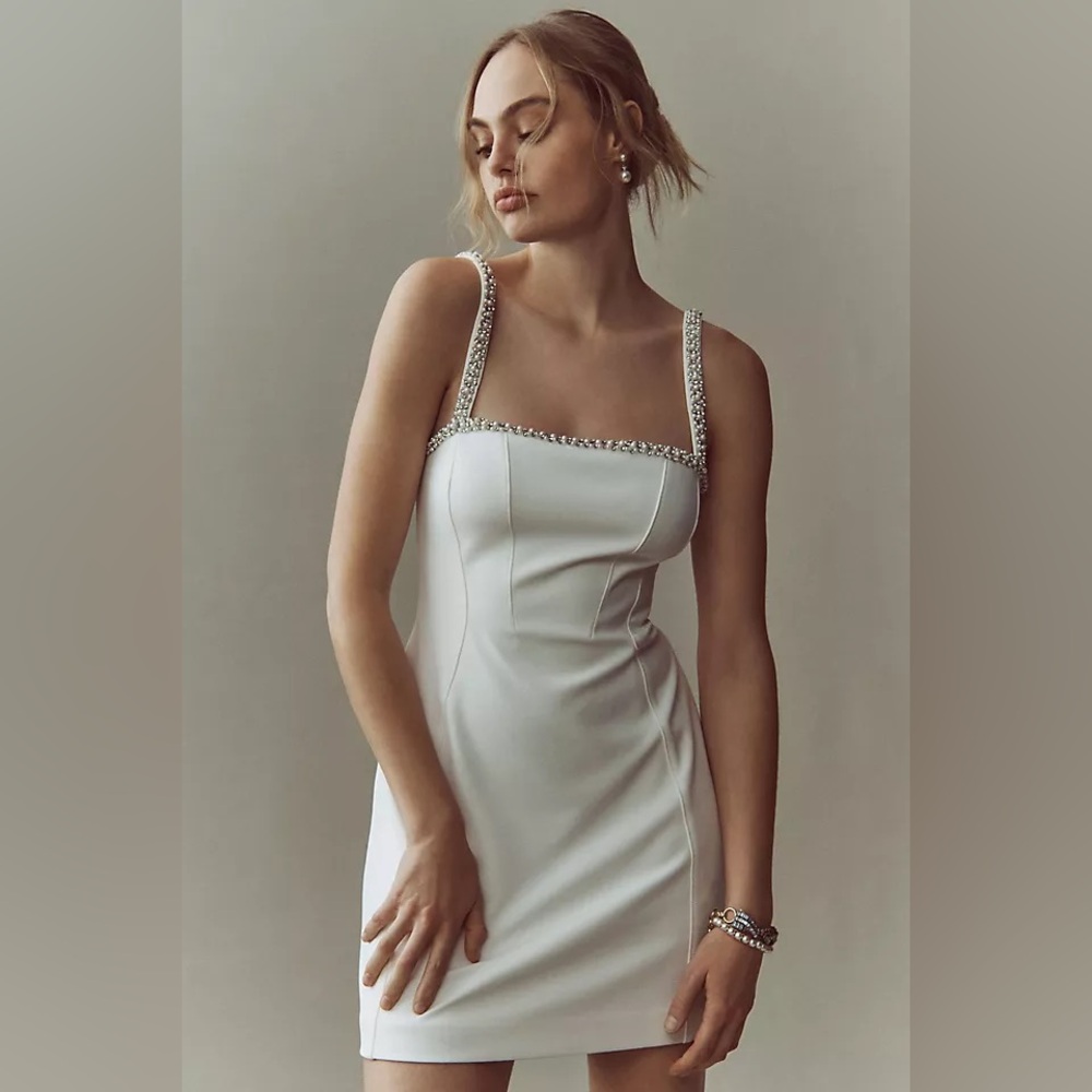 NWT Anthropologie BHLDN Deco Square-Neck Mini Dress in Ivory Pearl/Jewel -Medium